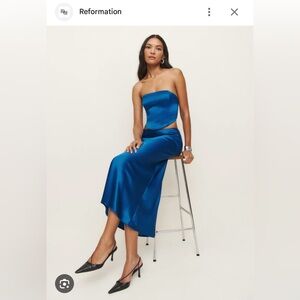 Reformation Zia Satin Two Piece in Pacific Blue